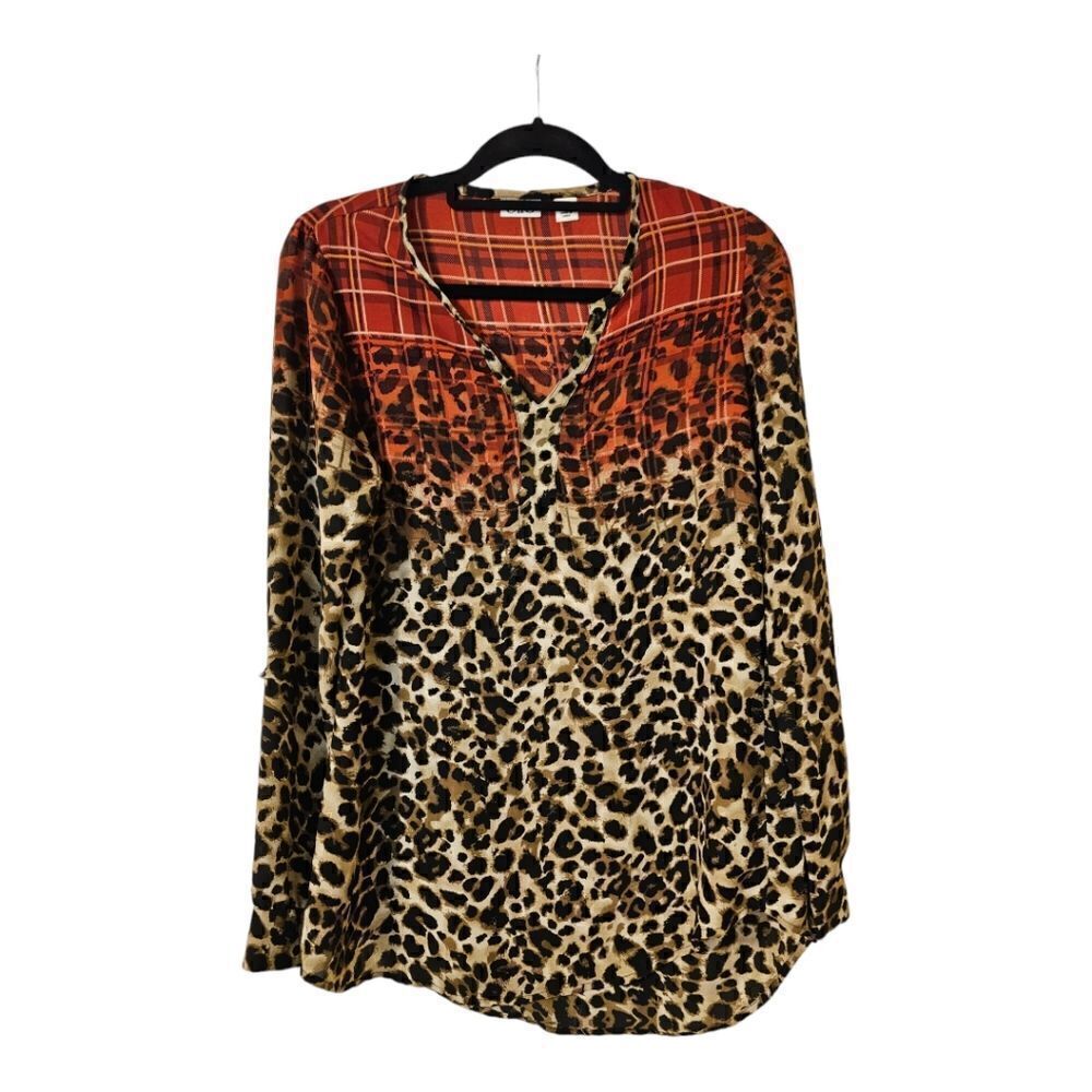 CATO Red Plaid Animal Print Roll Tab Sleeves Henley Top Tunic - Size Small